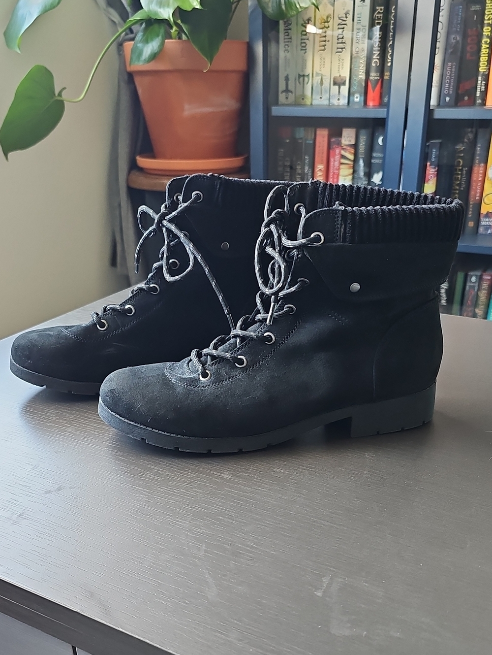 St. John’s Bay Black Lace-Up Ankle Boots with Ribbed Cuff